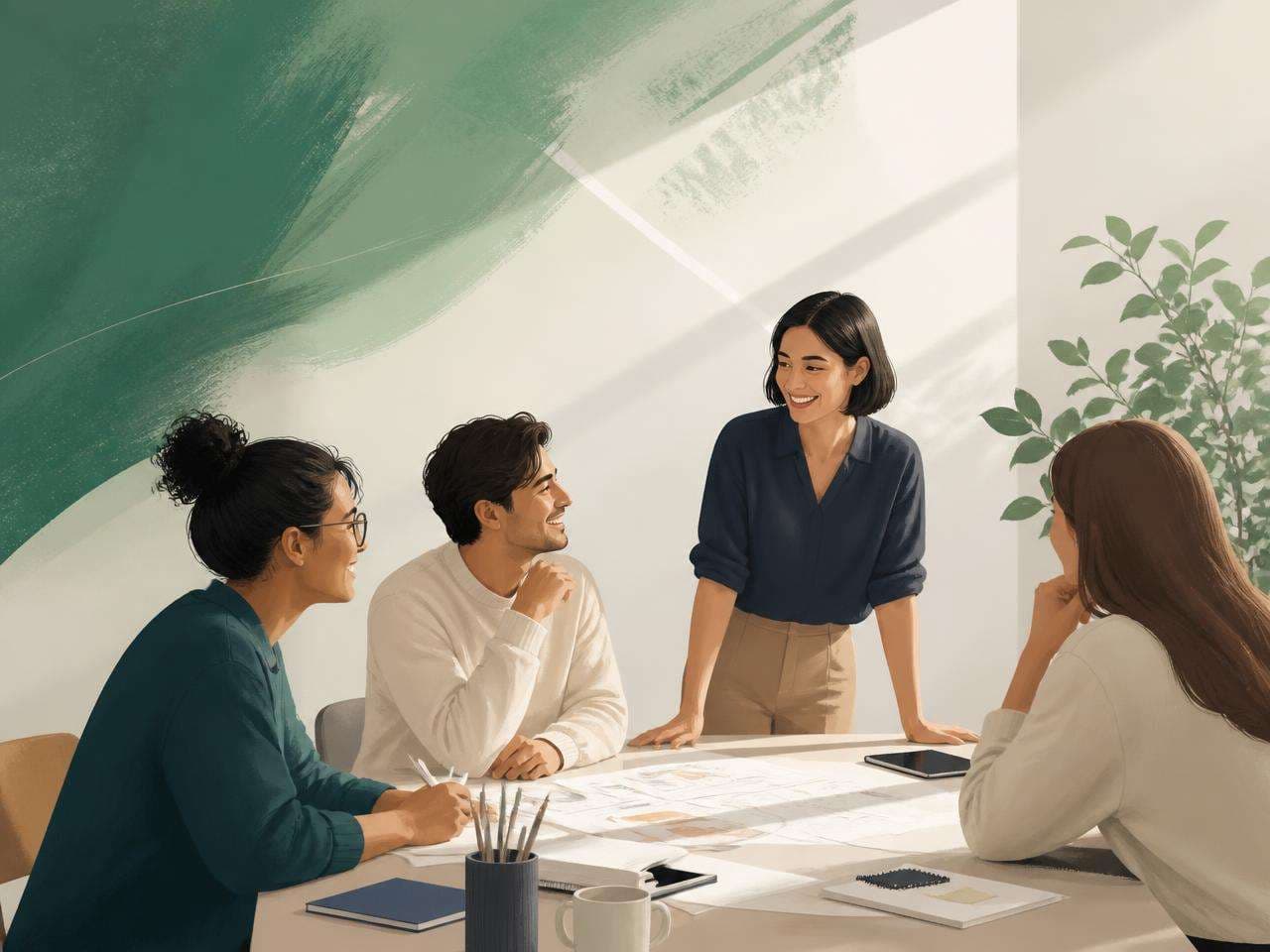 Four people sit and stand around a table with papers, notebooks, and a plant nearby.