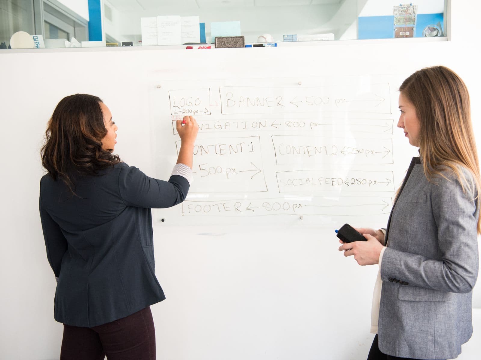 Two women stand beside a whiteboard with a hand-drawn flowchart in a bright office.