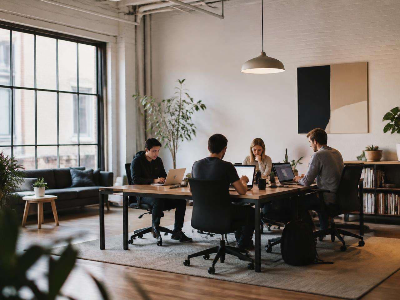 Four people seated at a shared office table with laptops, plants, shelves, and large windows.