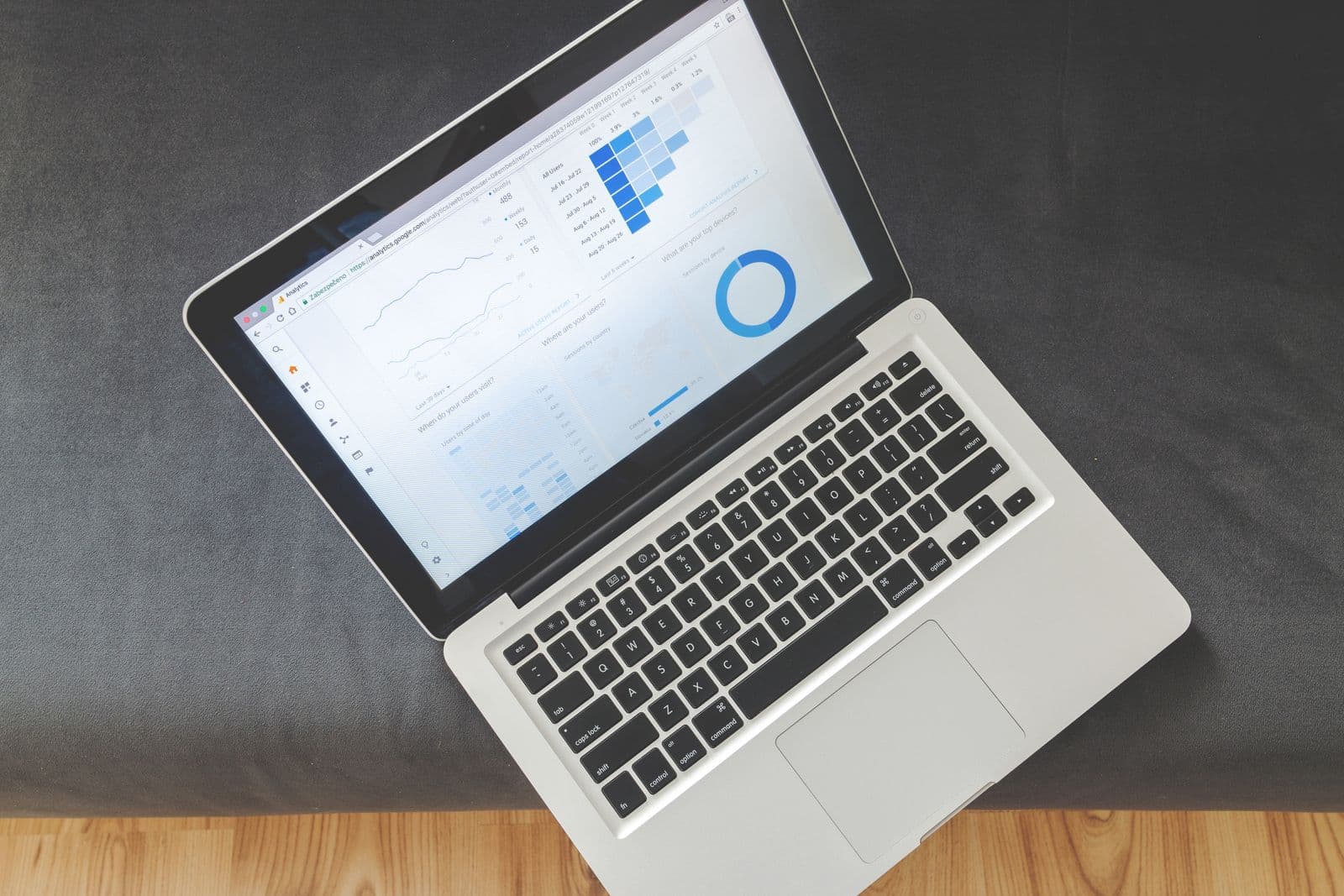 Open laptop on a dark desk displaying charts, graphs, and a circular data visualization.